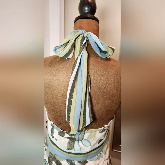 Ann Taylor Floral Halter Top with Blue and Green Accents 100% Silk Sz 8 - Picture 3 of 9